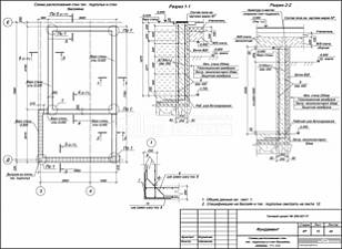 Схема расположения стен тех. подполья и стен бассейна, разрезы 1-1, 2-2